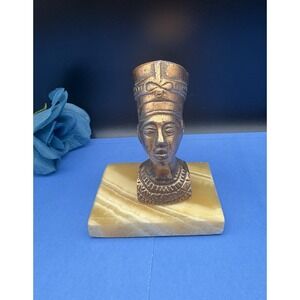 Vintage Queen Nefertiti Bust 4.25" Egyptian Sculpture Brass Bronze Marble Base